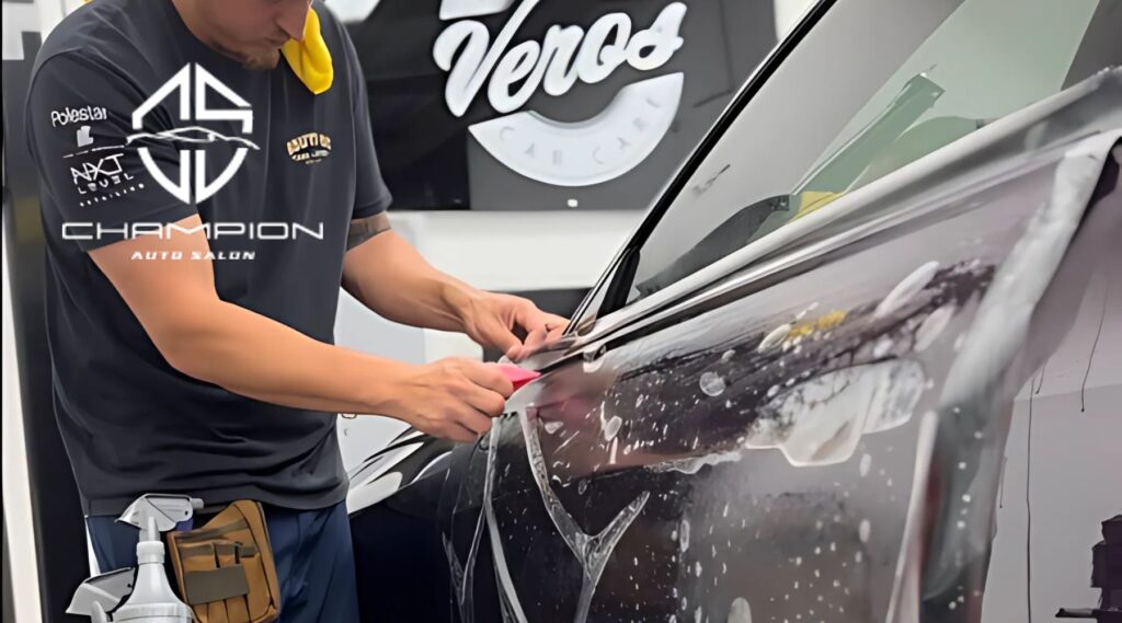 A professional installer applies paint protection film (PPF) to a car's door, using a squeegee to smooth out the material. The film is wet, with bubbles visible as it adheres to the vehicle's surface. A "Veros Car Care" sign is in the background, indicating the location of the service.