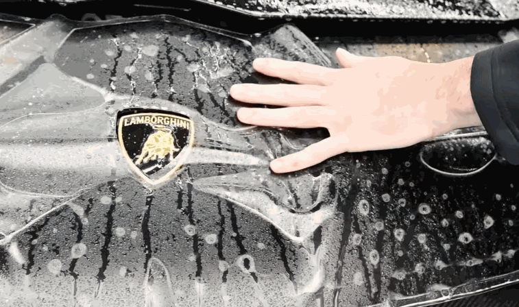 A person smooths out paint protection film on a wet, black Lamborghini hood, aligning it around the emblem.